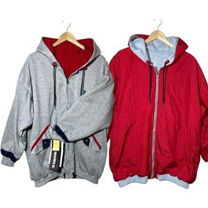 Vtg 80s 90s Jacket L Windbreaker Zip Reversible Retro Hoodie Red Sweatshirt NOS